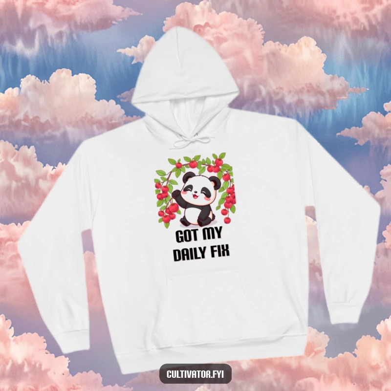 Funny panda hoodie, showing a panda picking a single ripe berry from a bush, perfect for warmth.