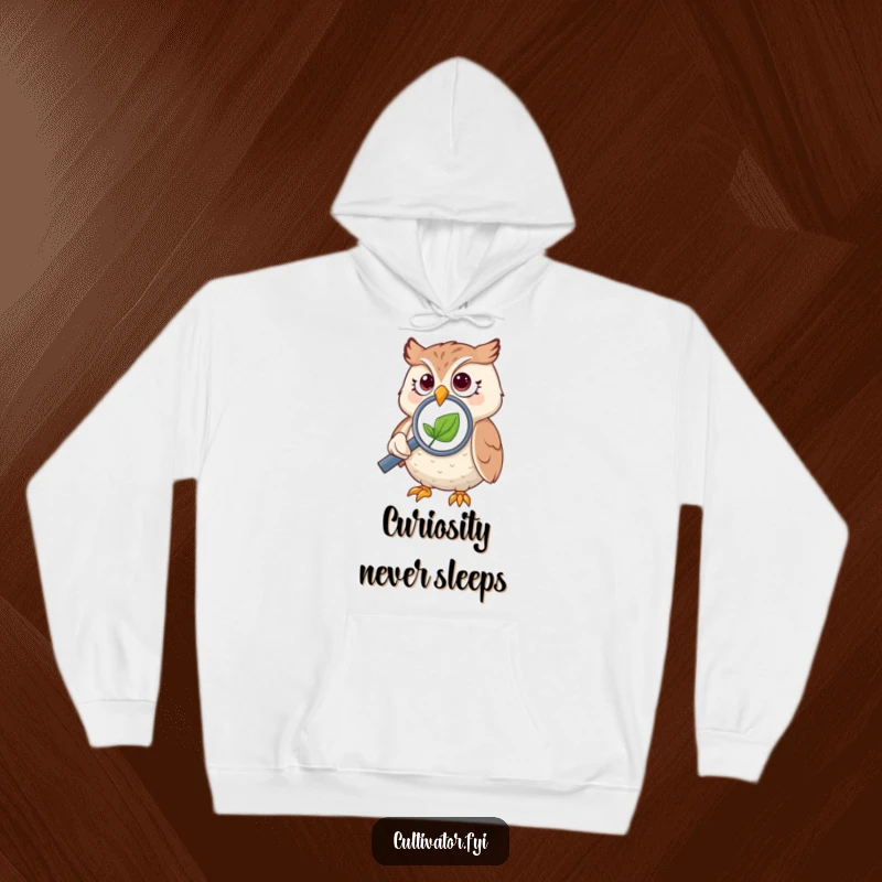 Funny owl hoodie, showing an owl using a magnifying glass to inspect a tiny leaf, perfect for warmth.