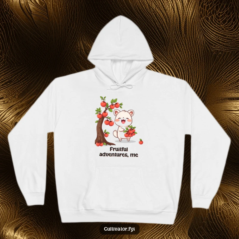 Funny Hoodie with a joyful animal character happily picking ripe fruits from a miniature tree, perfect for cozy gardening or relaxing.