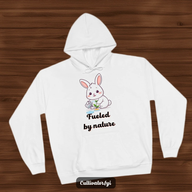 Funny hoodie, happy rabbit watering a tiny sprout with a cheerful expression, cozy and humorous garden wear.