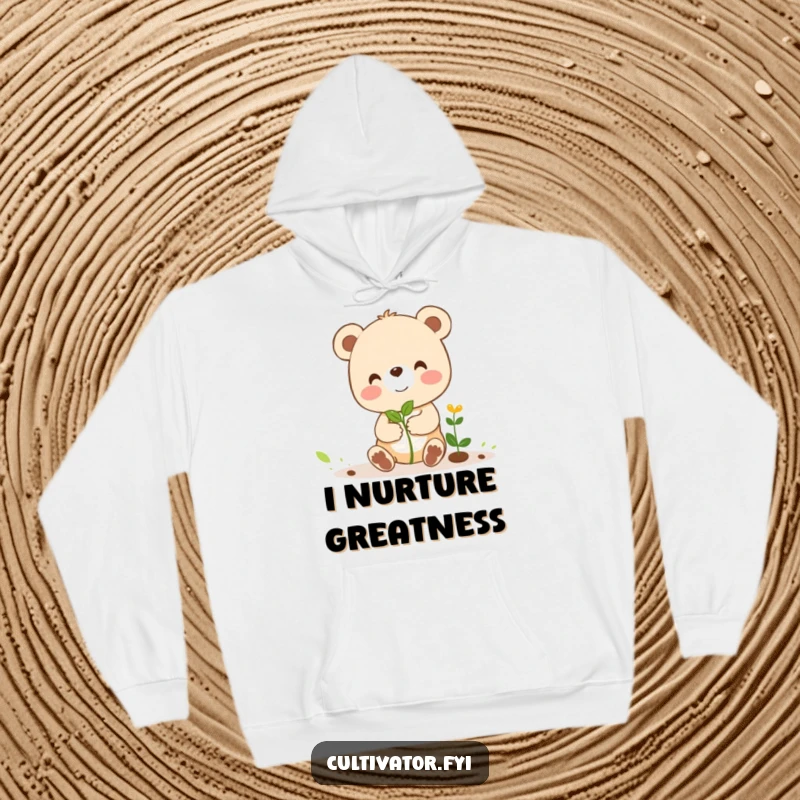 Funny hoodie featuring a cheerful bear cub character humorously guiding a tiny sprout upwards, perfect for funny, warm comfort.