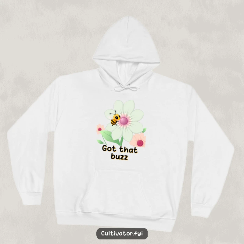 Funny bee hoodie, a happy bee around a flower, comfortable and warm, humorous garden design, ideal funny gift.