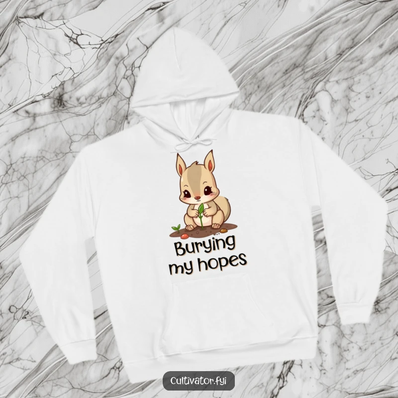 Funny hoodie with a determined squirrel character diligently planting a seed with its tiny paws, perfect for cozy wear.