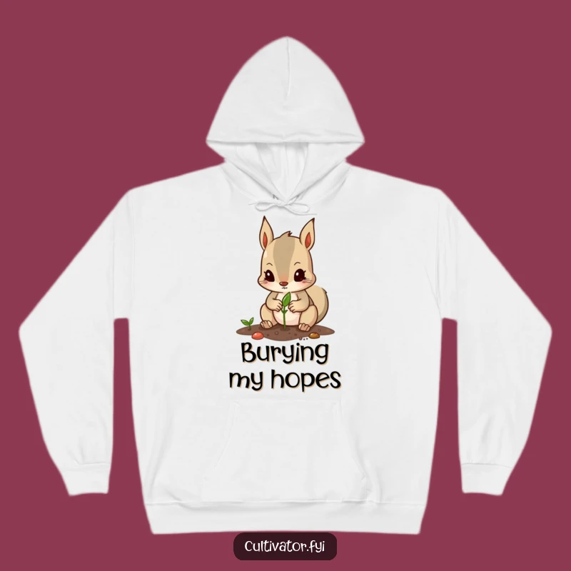 Funny Cozy Hoodie: Determined Squirrel Gardener Planting Seed