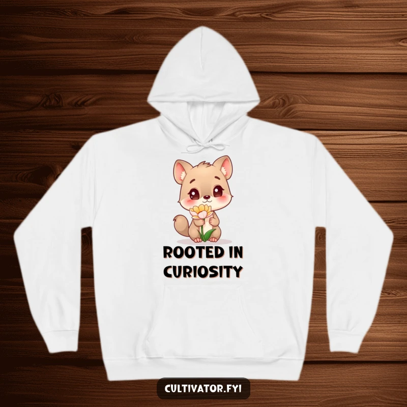 Funny Hoodie showing a curious animal character deeply engrossed in examining a vibrant, budding flower, perfect for cozy contemplation.