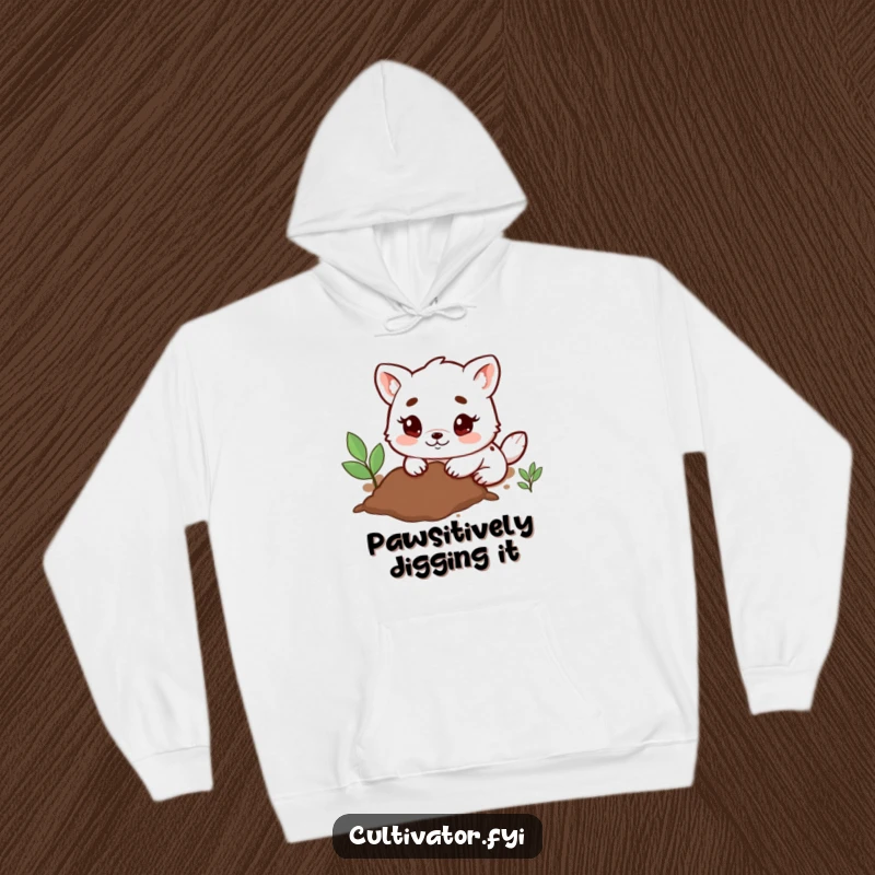 Funny Hoodie depicting a determined animal character joyfully digging in the dirt with small, happy paws, ideal for outdoor lovers.