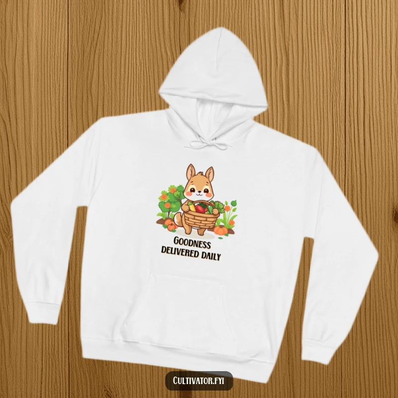 Funny hoodie showcasing a smiling animal character offering a basket of fresh produce, embodying generosity and warmth.