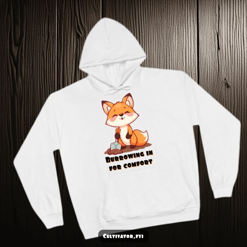 Funny fox digging with a shovel on a hoodie, offering cozy and humorous warmth for diggers and gardeners.