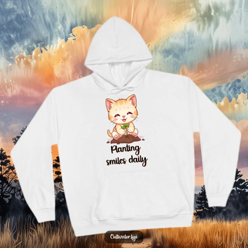 Funny kitten planting a seed on a hoodie, offering cozy and humorous warmth for gardeners and cat lovers.