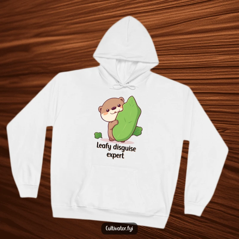 Funny hoodie, curious otter peeking from a large leafy vegetable, warm and cozy, playful animal design, humorous apparel.