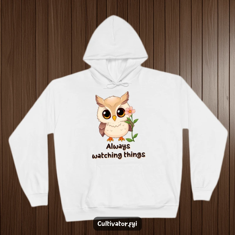 Funny owl hoodie showing a curious owl examining a blooming flower with wide, amazed eyes, a cozy funny gift.