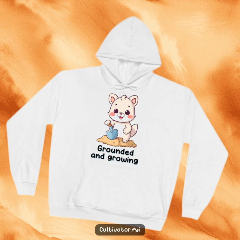 Funny hoodie showcasing a cheerful animal character actively using a trowel to shape the earth, perfect for garden enthusiasts.
