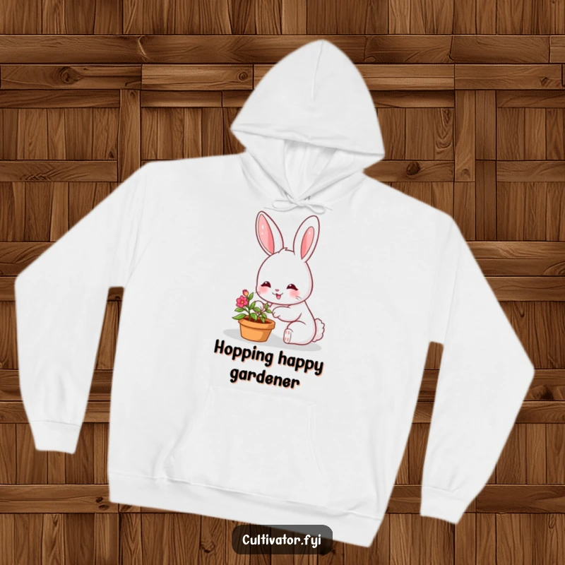 Funny hoodie with a smiling bunny character joyfully tending to a very small, vibrant potted plant.