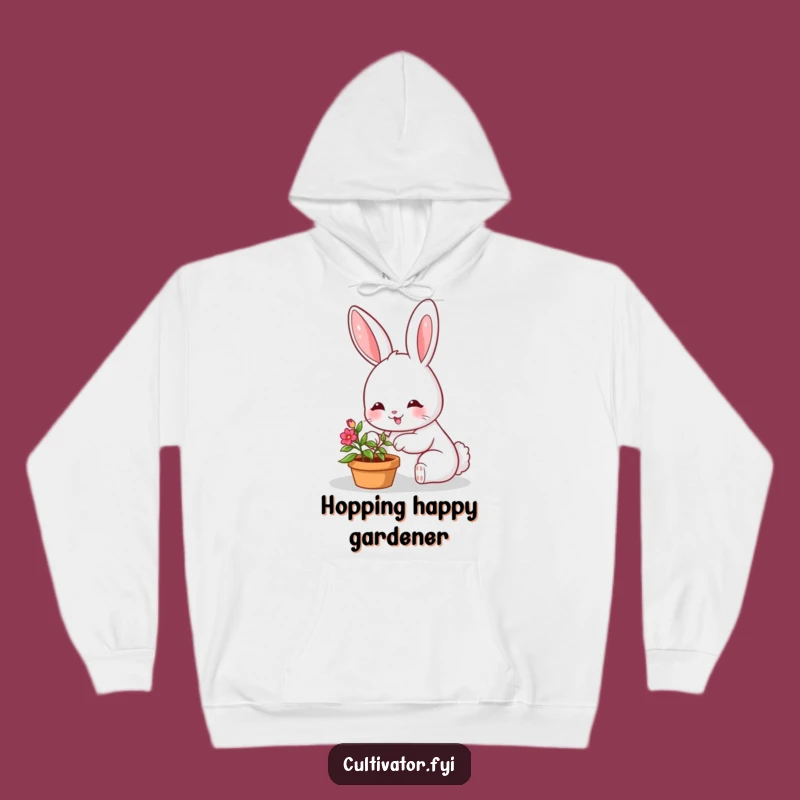 Funny Cozy Hoodie: Smiling Bunny Gardener with Small Plant