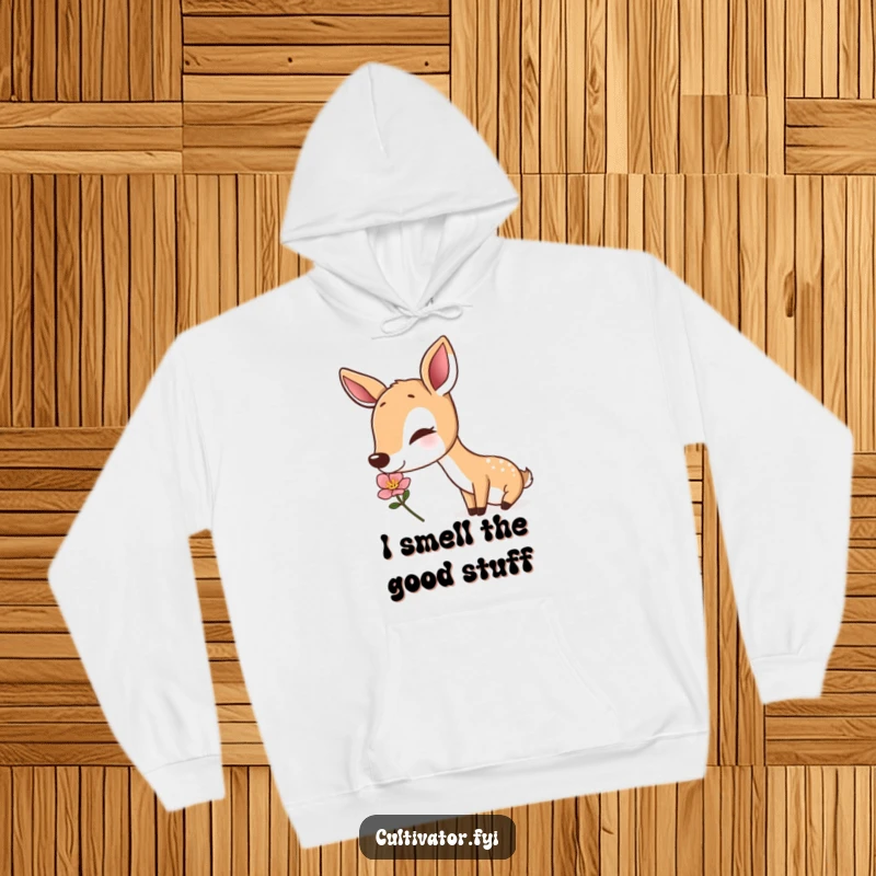 Funny deer hoodie, a happy deer enjoying a blooming flower, comfortable apparel, humorous nature design, ideal funny gift.