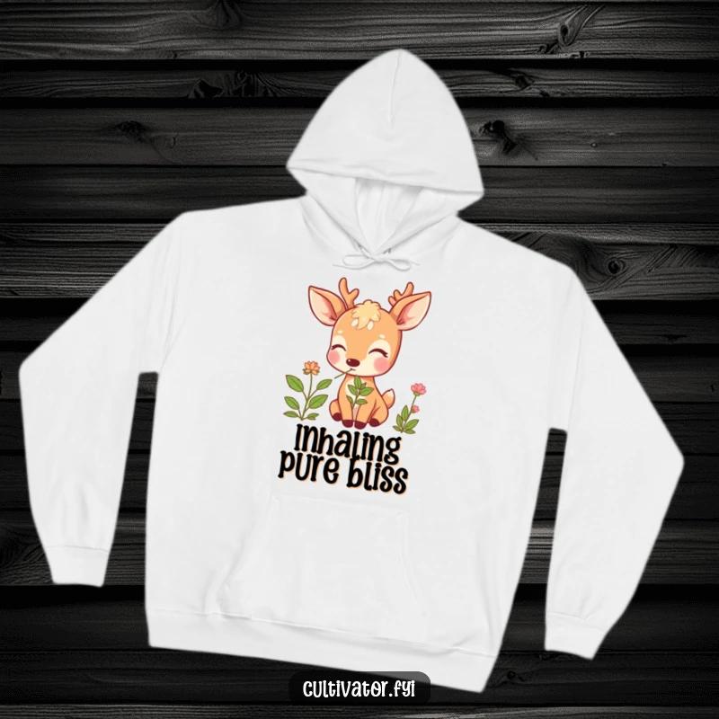 Funny Deer Hoodie: Beaming deer blissfully smelling a fragrant herb with eyes shut, a cozy and humorous apparel.