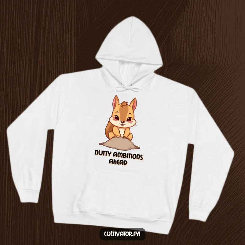 Funny squirrel hoodie featuring a determined squirrel digging a hole, expressing its funny drive and need for warmth.