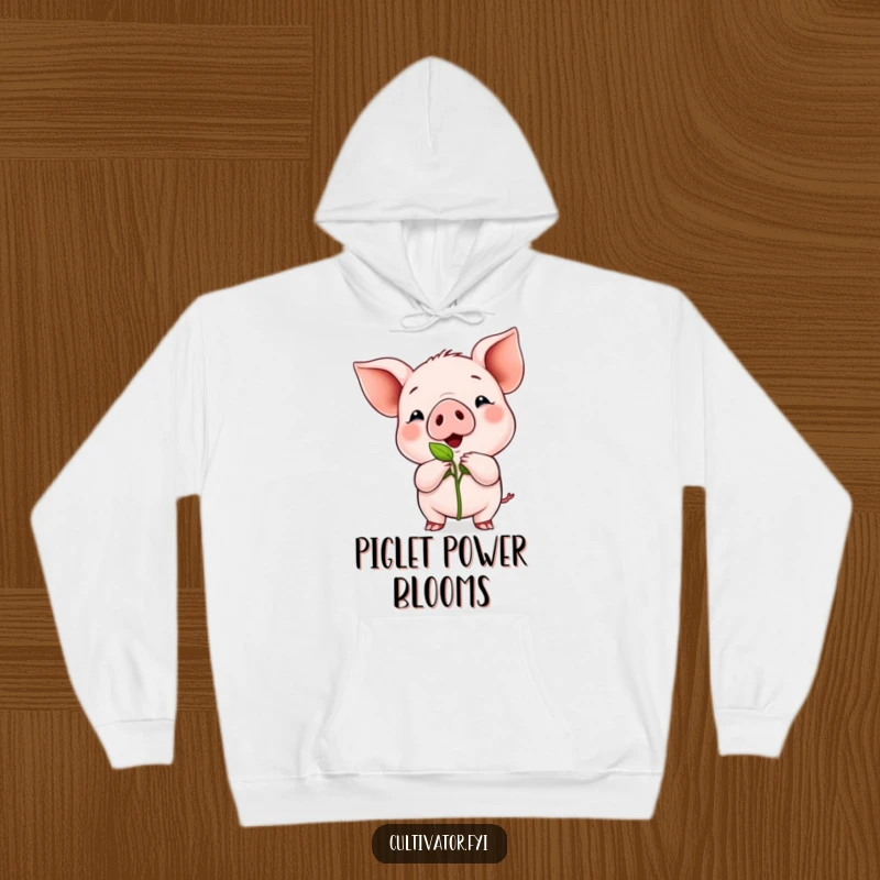 Funny hoodie featuring a happy piglet proudly holding a tiny green sprout, perfect for cozying up with gardening vibes.