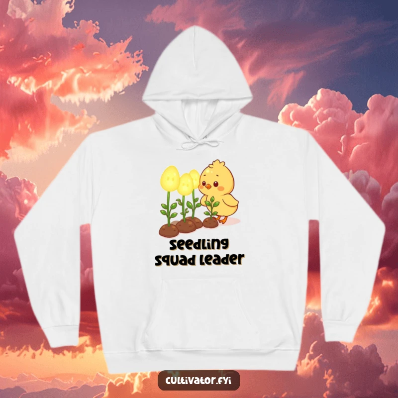 Funny hoodie depicting a cute chick character happily nurturing oversized, glowing seedlings, a cozy gardening theme.