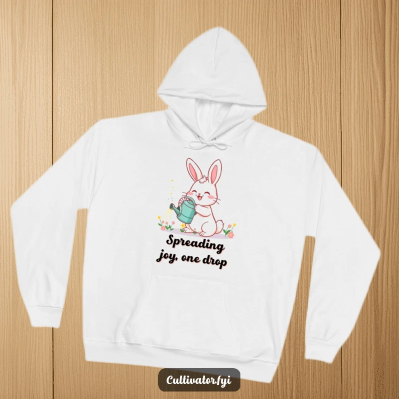 Funny Bunny Hoodie: Cozy graphic of a cheerful bunny watering can sprinkling vibrant tiny flowers with joy.