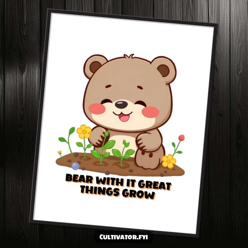 Funny Free Printable Wall Art: A giggling bear planting seeds with a determined look, full of planting joy.