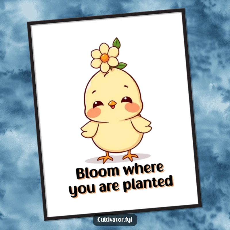 Funny Free Printable Wall Art: A cute chick with a flower balanced on its head, bringing a dose of sunshine and smiles.