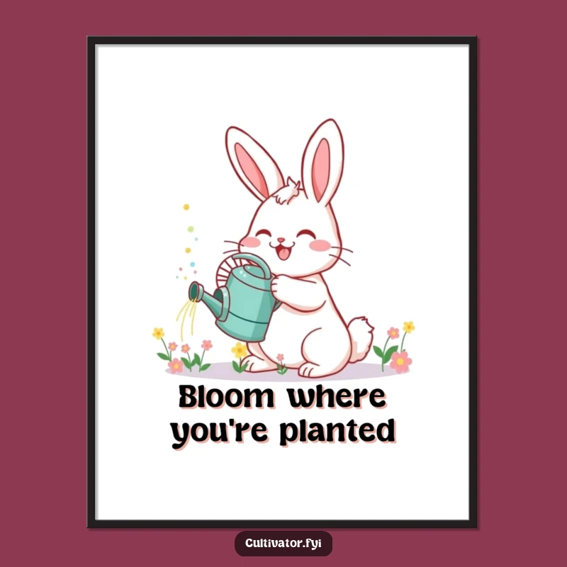 Funny Free Printable Wall Art: Cheerful Bunny Sprinkling Flowers, Joyful Downloadable Decor
