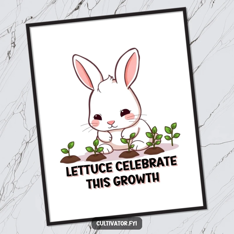 Cute Free Printable Wall Art: A rabbit carefully nurturing a row of delicate seedlings, symbolizing growth and nature.