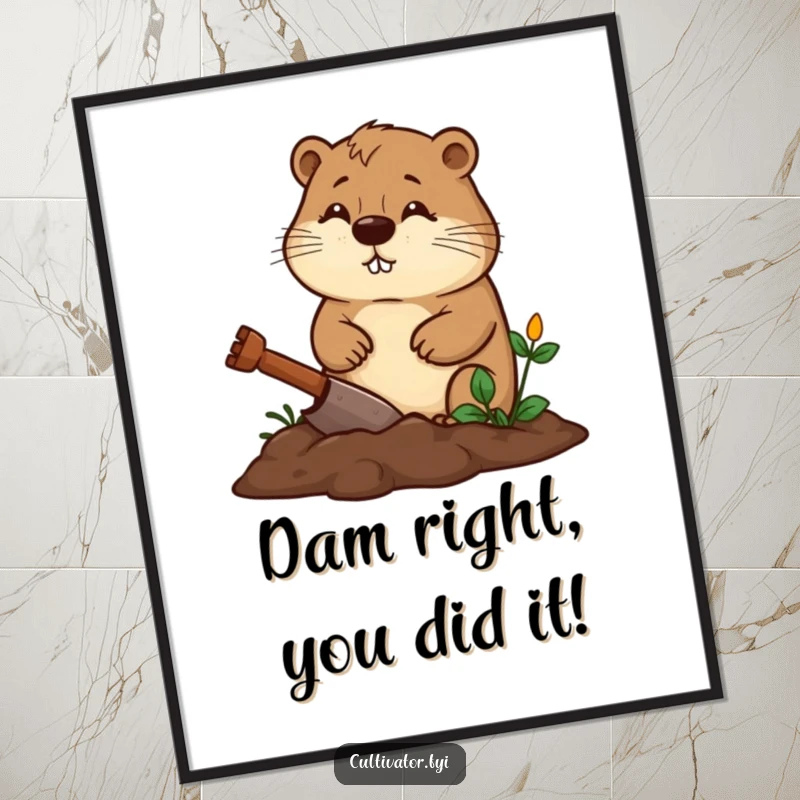 Funny Free Printable Wall Art: Diligent beaver digging a garden bed, determined expression, downloadable art.