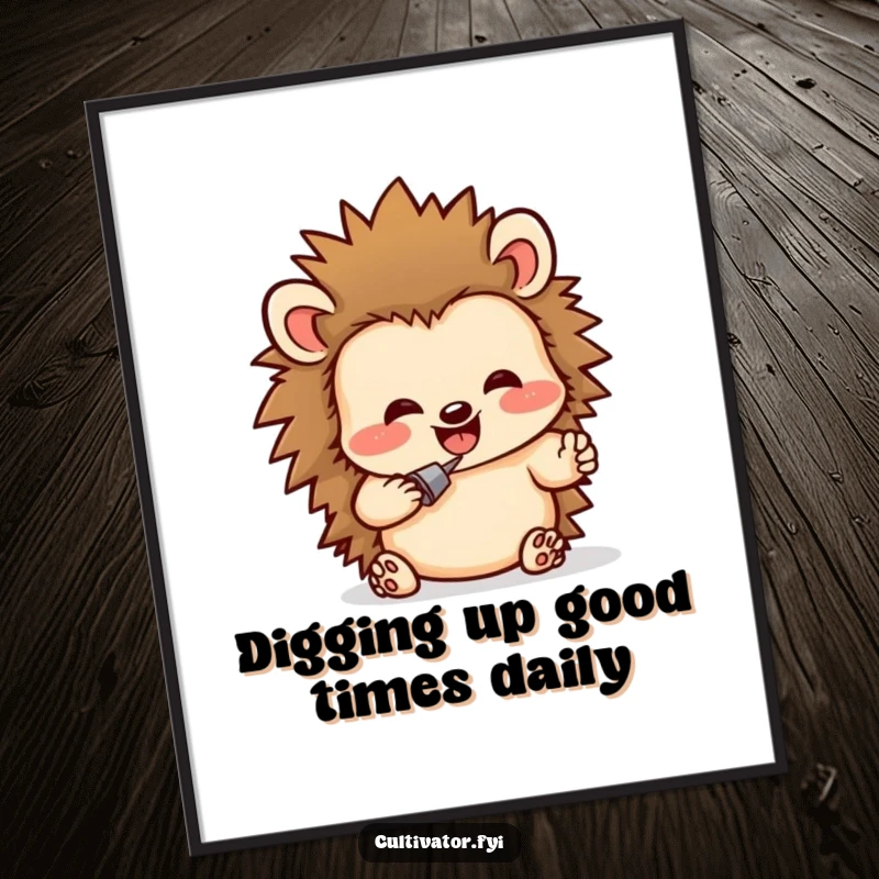 Funny free printable wall art showcasing a delighted hedgehog digging with abandon in rich soil, a whimsical illustration.
