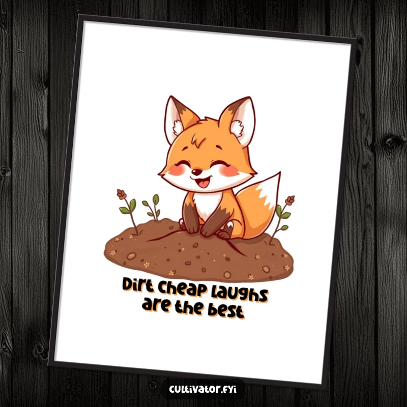 Funny Free Printable Wall Art: A playful fox digging in rich soil with a wide smile, full of joy.