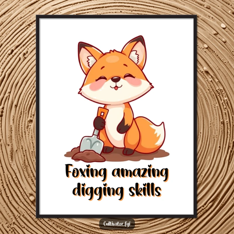 Funny Free Printable Wall Art: A fox enthusiastically digging in the dirt with a small shovel, full of delight.