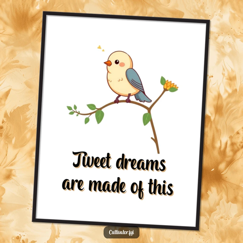 Funny free printable wall art: a small bird perched on a plant, joyfully chirping a sweet song, adding life.