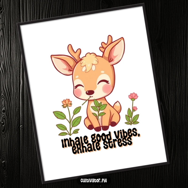 Funny Free Printable Deer Wall Art: A beaming deer happily sniffs an herb, bringing calm and humor to your room.