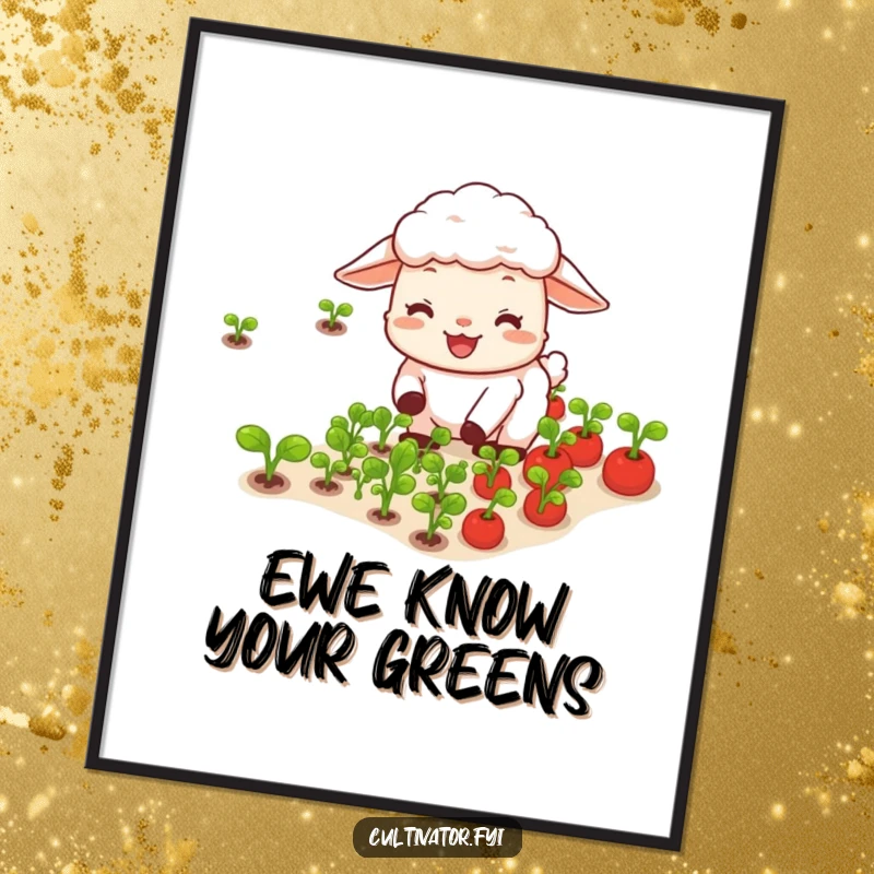 Funny Free Printable Wall Art of a happy sheep joyfully tending rows of tiny vegetables, creating a humorous and charming scene.