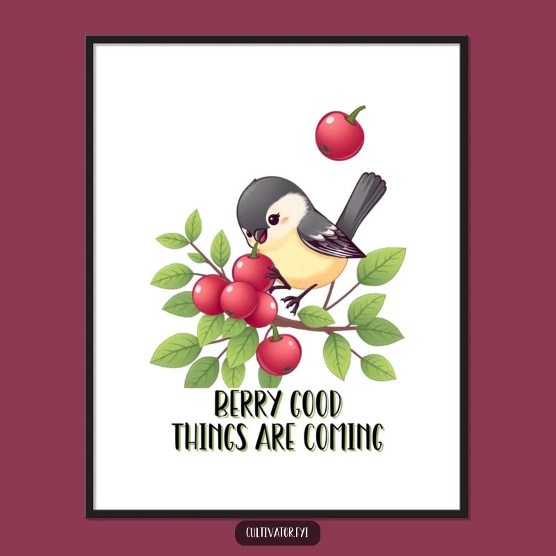 Free Printable Wall Art: Cheerful Chickadee Eats Berry, Funny Bird Downloadable Decor