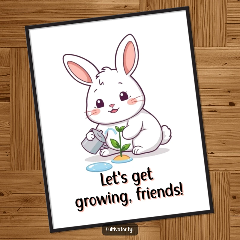Funny Free Printable Wall Art: A happy rabbit watering a tiny sprout with a cheerful expression, garden-themed decor.