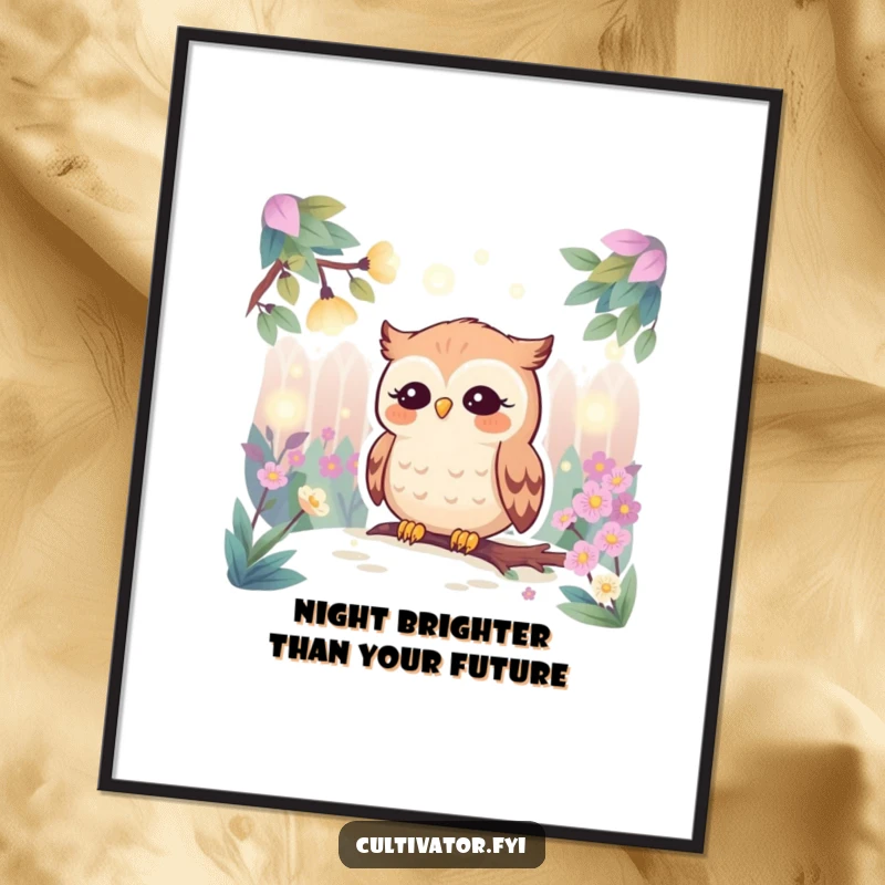 Funny Free Printable Wall Art: Contented owl observes twinkling fireflies in a lush garden, creating a serene and magical atmosphere.
