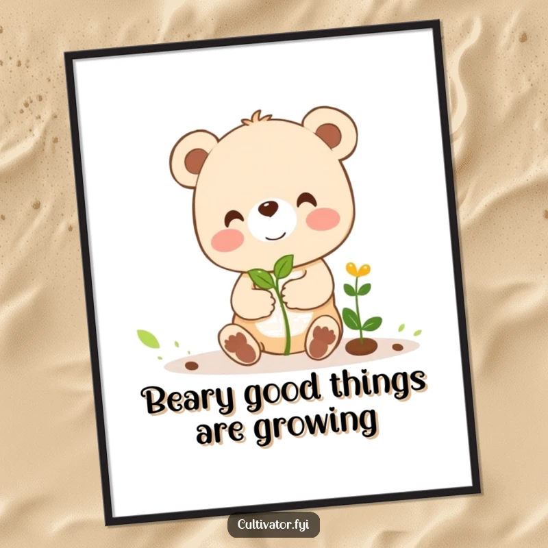 Funny free printable wall art depicting a cheerful bear cub tending to a tiny sprout, a delightful illustration.