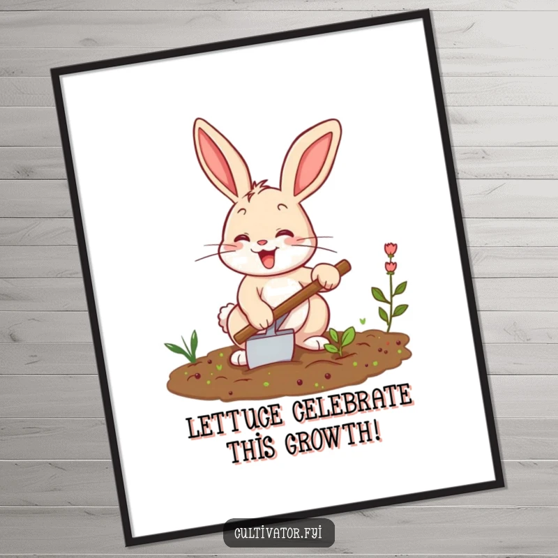 Funny Free Printable Wall Art: Excited bunny with trowel, joyfully tilling a small patch of soil, whimsical downloadable art.