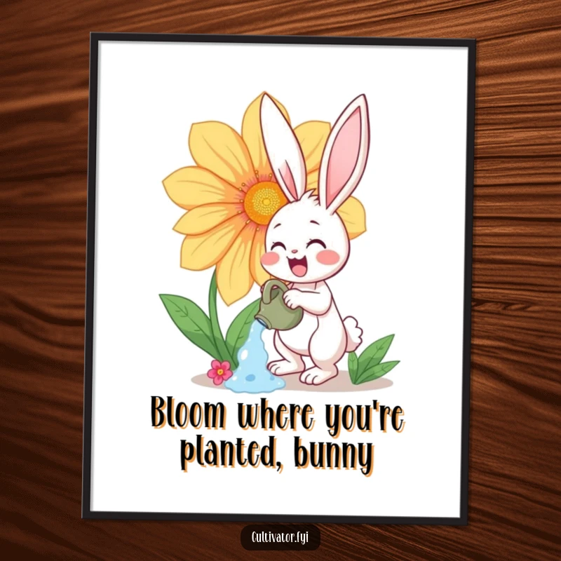 Funny Free Printable Wall Art: Happy bunny watering an enormous, vibrant flower. Cheerful, nature-themed downloadable decor.