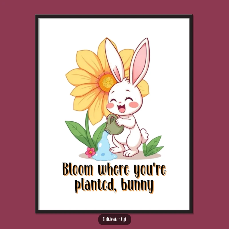 Funny Free Printable Wall Art: Bunny Watering Giant Flower - Downloadable Decor