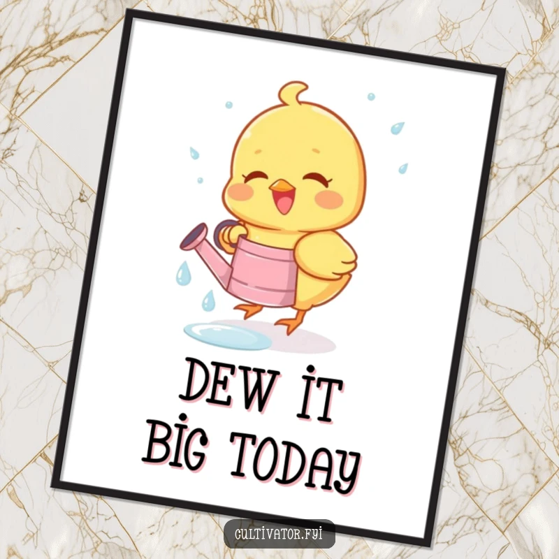Funny Free Printable Wall Art: Joyous chick happily collecting dewdrops in a tiny watering can, sweet decor.