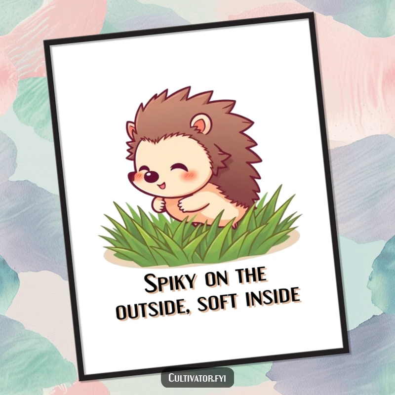 Funny Free Printable Wall Art: A giggling hedgehog character rolling happily through a patch of soft, green grass, full of joy.