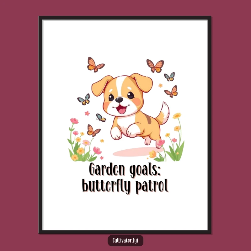 Free Printable Dog Garden Art: Funny Butterfly Chase, Downloadable & Print-at-Home Wall Decor