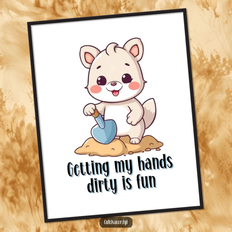 Funny Free Printable Wall Art showcasing a cheerful animal character energetically gardening, using a small trowel to shape the earth.