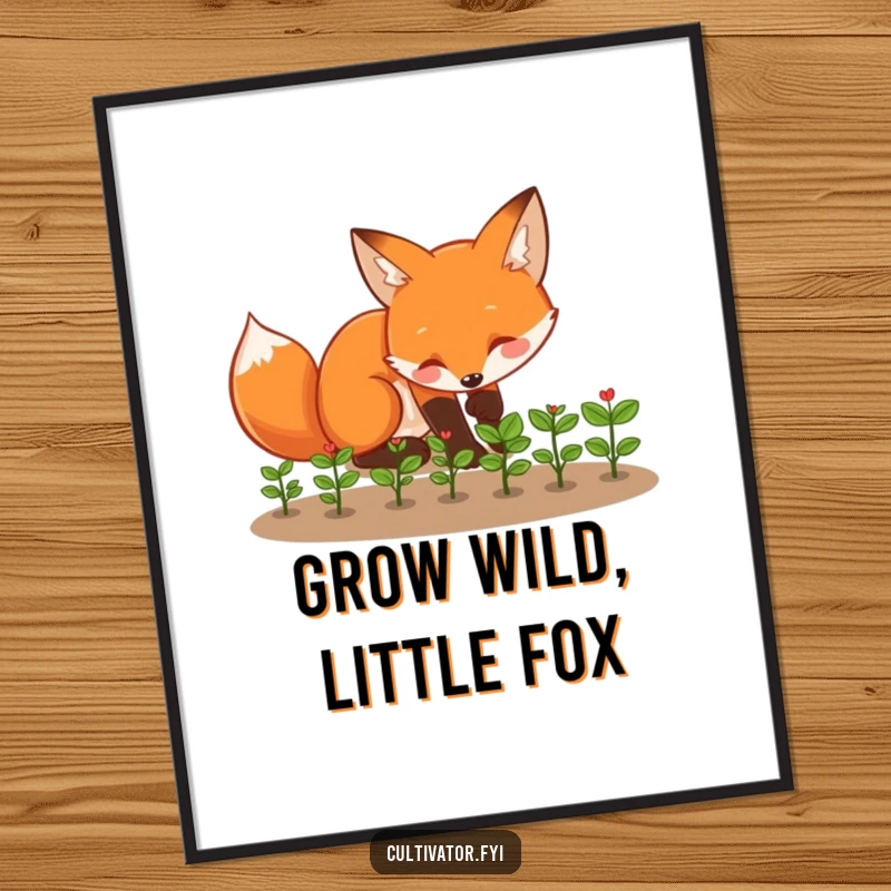 Funny Free Printable Wall Art: Playful fox tending tiny seedlings, nurturing growth, nature-themed decor.