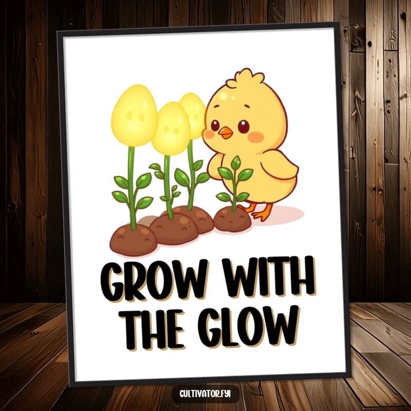Funny Free Printable Wall Art: Cute chick tending oversized, glowing plant seedlings. Magical, nurturing downloadable decor.