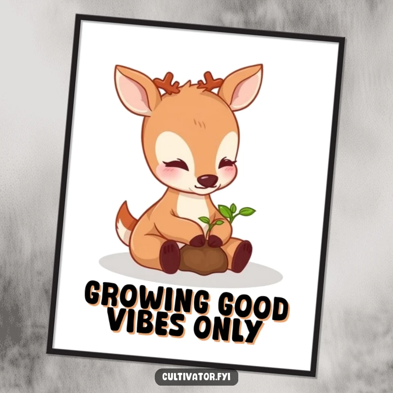 Sweet Free Printable Wall Art: Gentle deer with paws nurturing a tiny sprouting seedling, symbolizing growth, calming downloadable art.