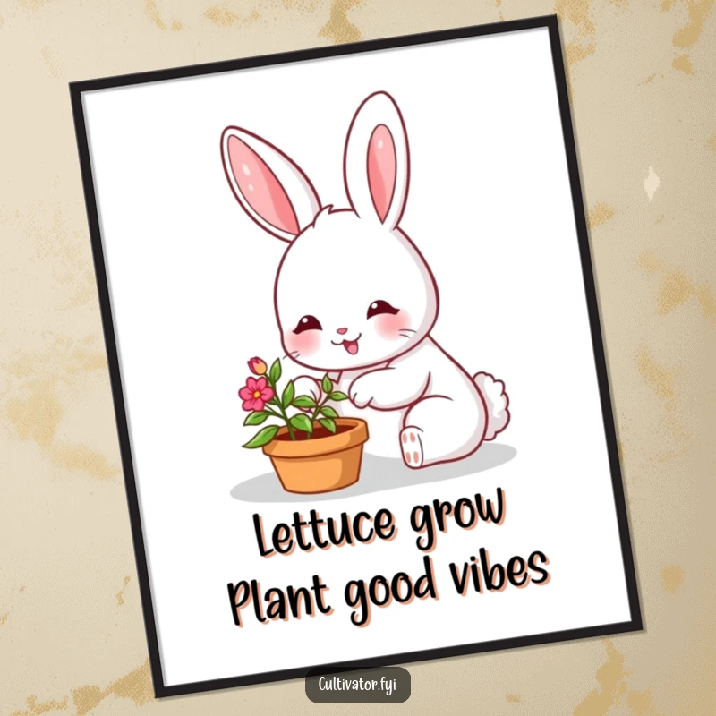 Funny free printable wall art of a cheerful bunny tending a tiny, vibrant potted plant, bringing a smile to any room.